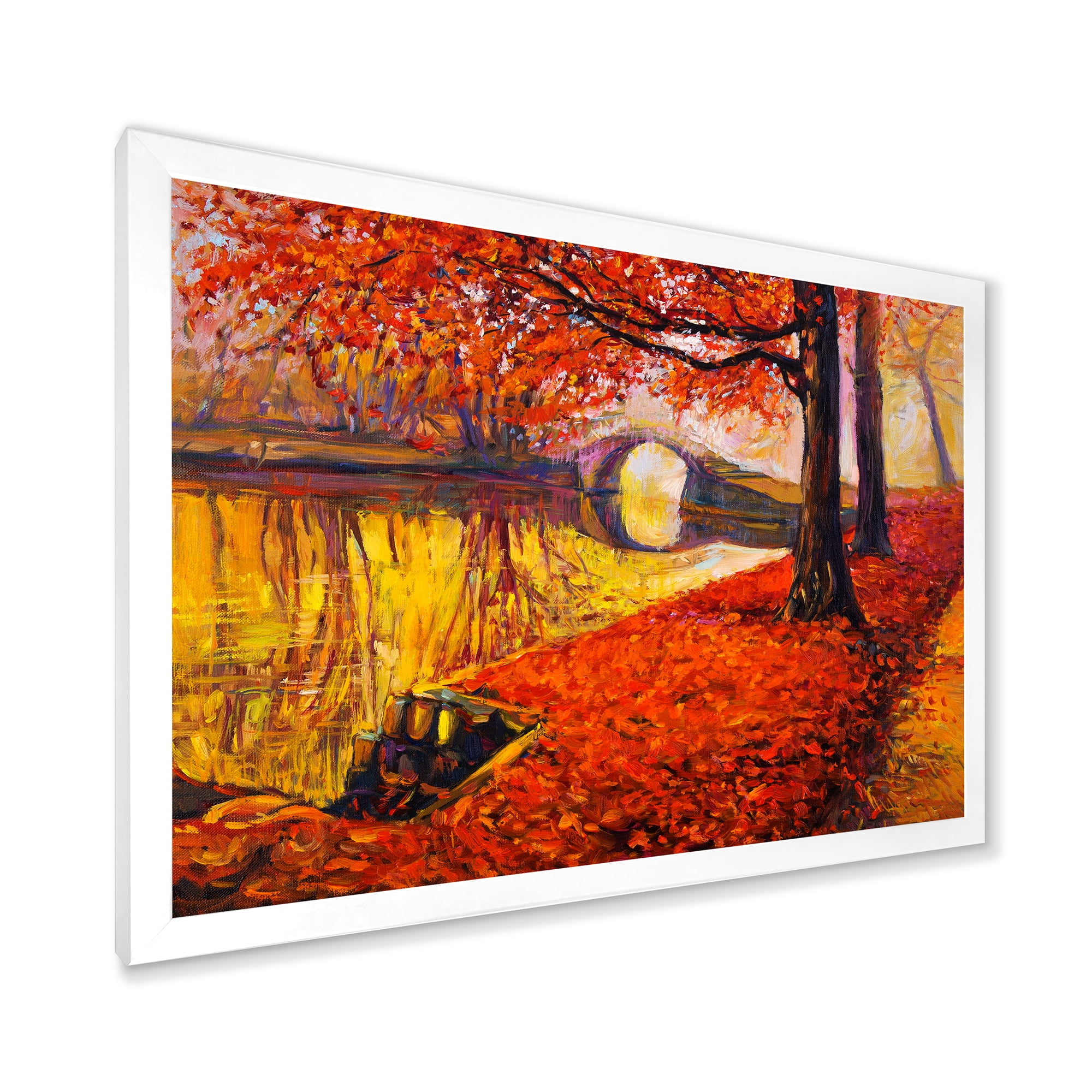 Designart 'Little Bridge In Deep Orange Autumn Landscape I' Traditional Framed Art Print