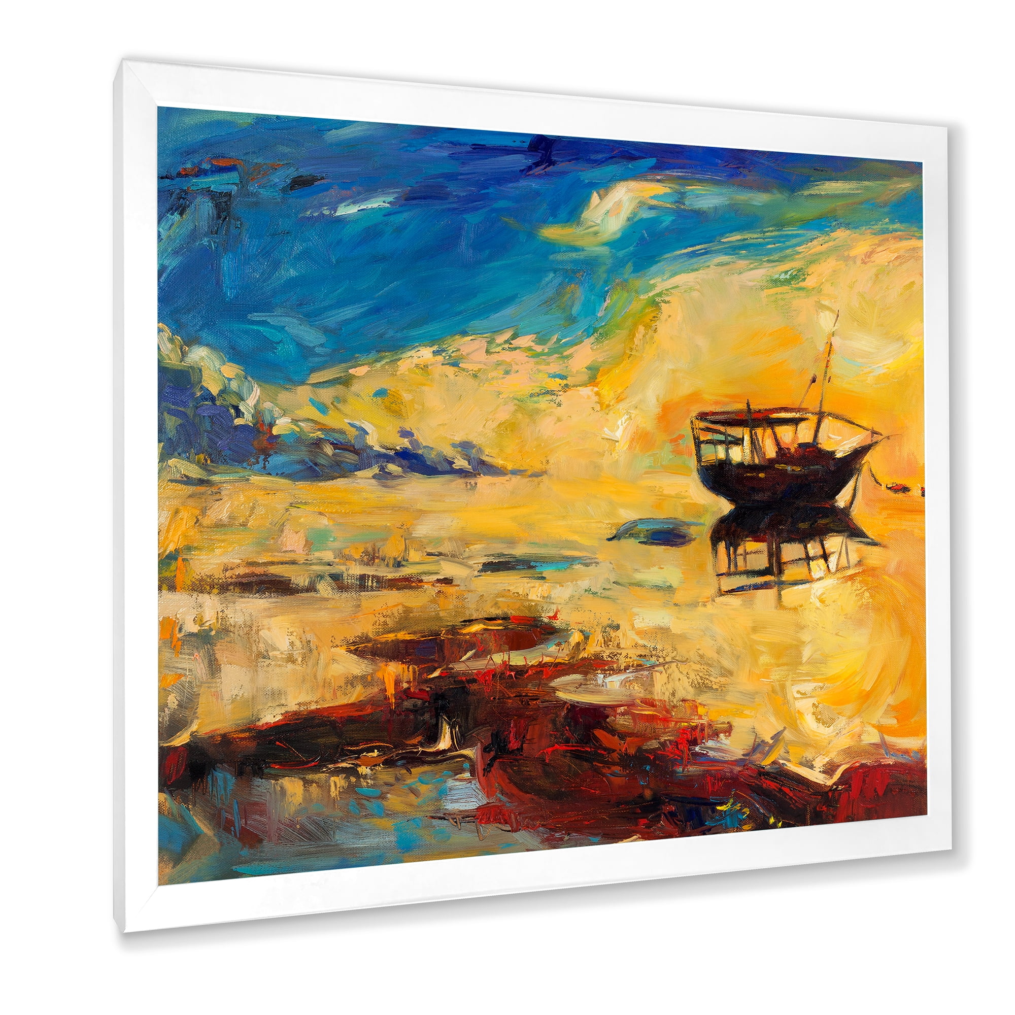 Abstract Boat At The Ocean Horizon During Sunset 16 in x 16 in Framed Painting Canvas Art Print, by Designart