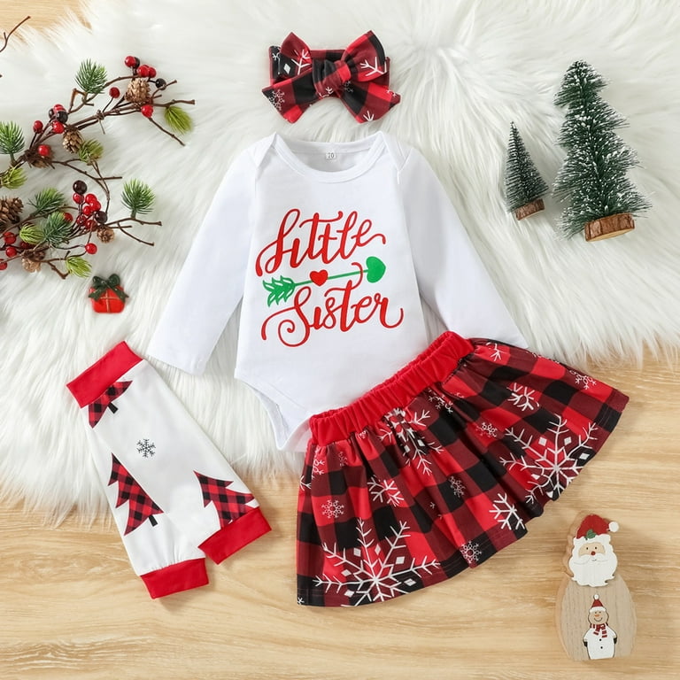 big and little sister christmas dresses Synpos 0-12 Months Little Sister/1-4T Big Sister Tops Skirt 4pcs Christmas Outfits