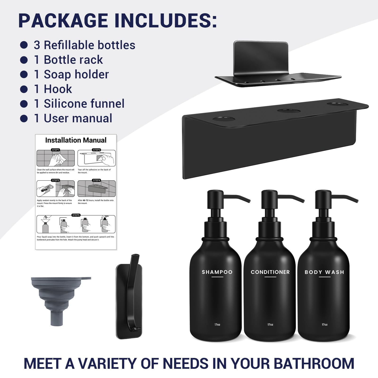 Shampoo and Conditioner Dispenser - Shower Soap Dispenser Wall Mounted - 17 fl oz Set of 3 Black Plastic Bottles Black Pump - Shampoo Dispenser, Shower Dispenser