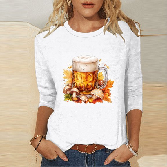 Delliss Women's Trendy Casual Beer Festival Print Crew Neck 3/4 Sleeve Blouse Basic T-Shirt