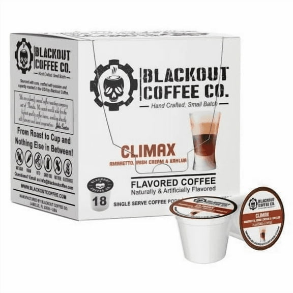 Blackout Coffee Climax Amaretto, Irish Cream & Kahlua Flavored Coffee Pods, Fresh Roasted In The USA, K Cup Compatible, 18 Count Single-Serve Coffee Pods