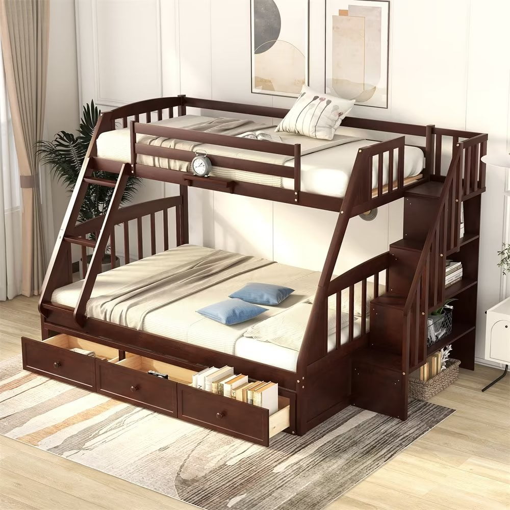Twin over Full Bunk Bed with 3 Drawers and Storage Shelves, Wood Bunk