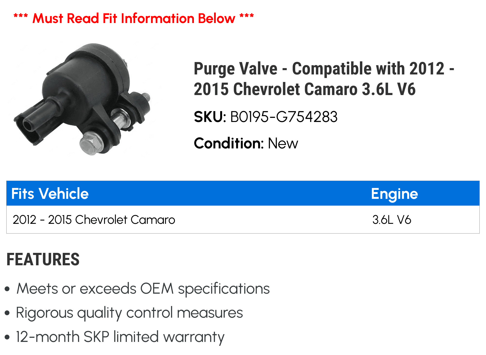 Purge Valve - Compatible with 2012 - 2015 Chevy Camaro 3.6L V6 2013 2014