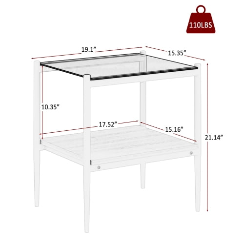 MOONMISS 2 Pack Rectangle End Table, Tempered Glass Top Side Table with MDF Frame, Modern Transparent Glass Accent Table for Living Room, Bedroom, Home Decor, White/Black