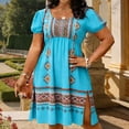 thumbnail image 2 of XUNKUSGA Summer Plus Size Dresses Vintage Print Boho Dress Classic Crewneck Puff Sleeve Beach Dresses for Women Fashion Split Hem Sun Dresses Women,Blue,L, 2 of 7