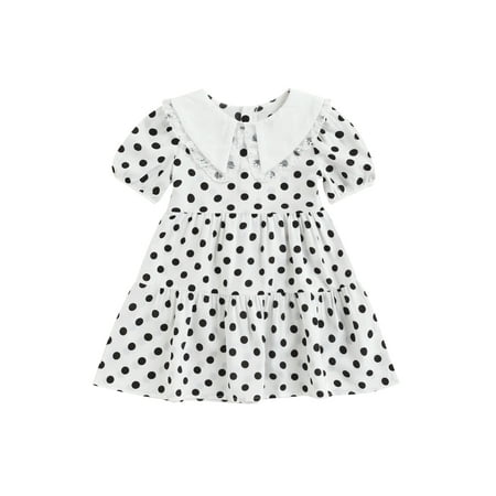 

Nokpsedcb Toddlers Kids Girl Dress Short Sleeve Doll Collar Dot Print Summer A-line Skirt for Casual Daily White 4-5 Years