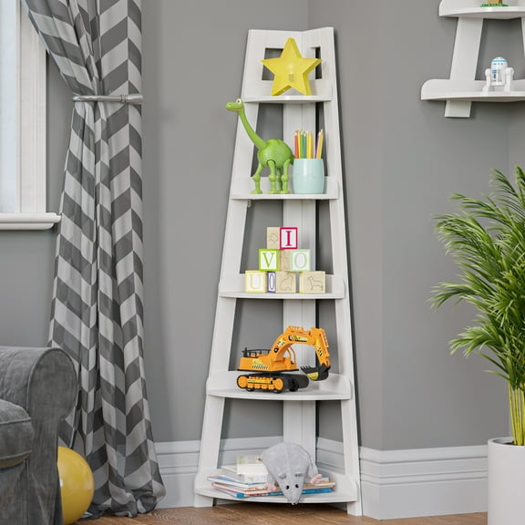 RiverRidge Kids 5-Tier Corner Ladder Playroom Display Bookshelf Organizer- White