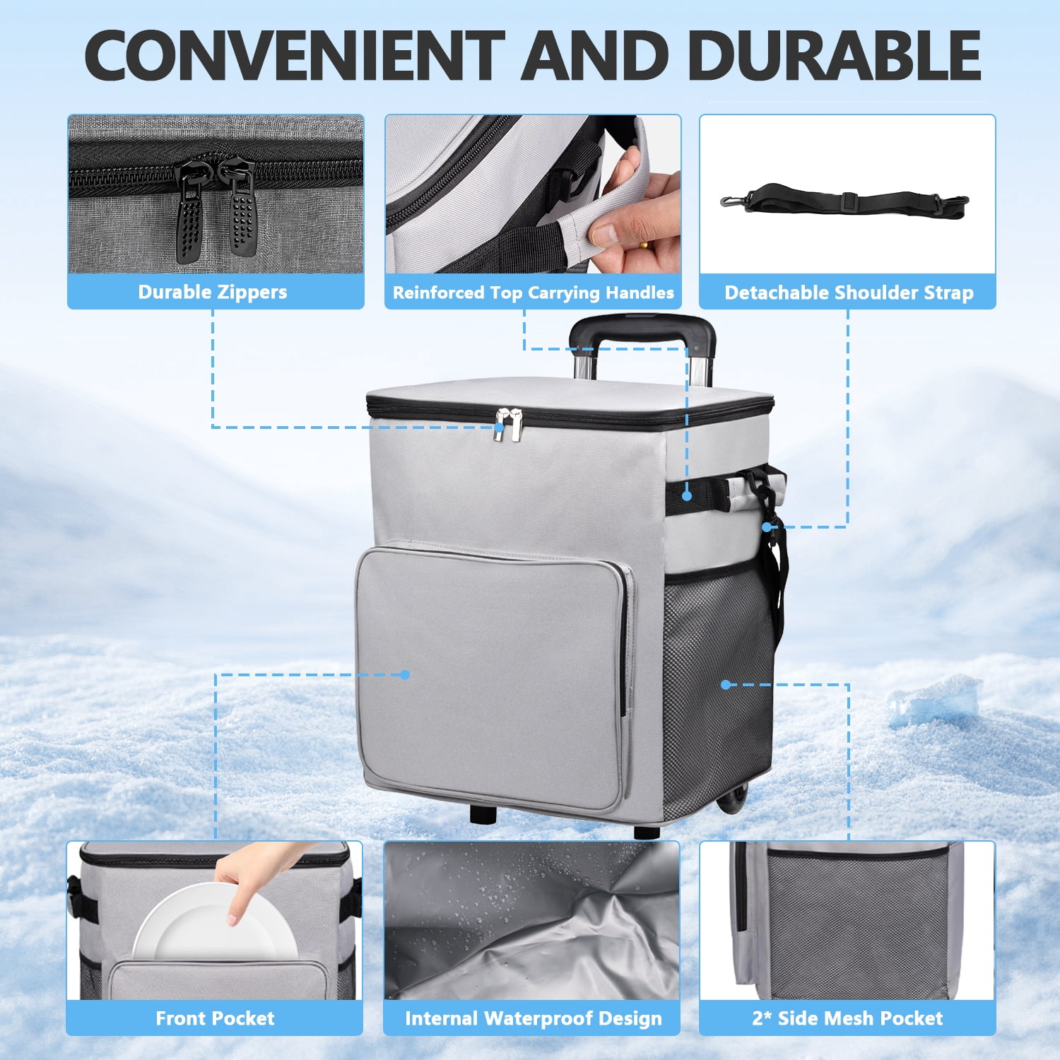 Merryhome Cooler with Wheels, 60-Can 40 Qt Rolling Cart Soft Cooler Bag, Foldable Leak-Proof Cold Retention Cooler for Camping, Beach, Grocery