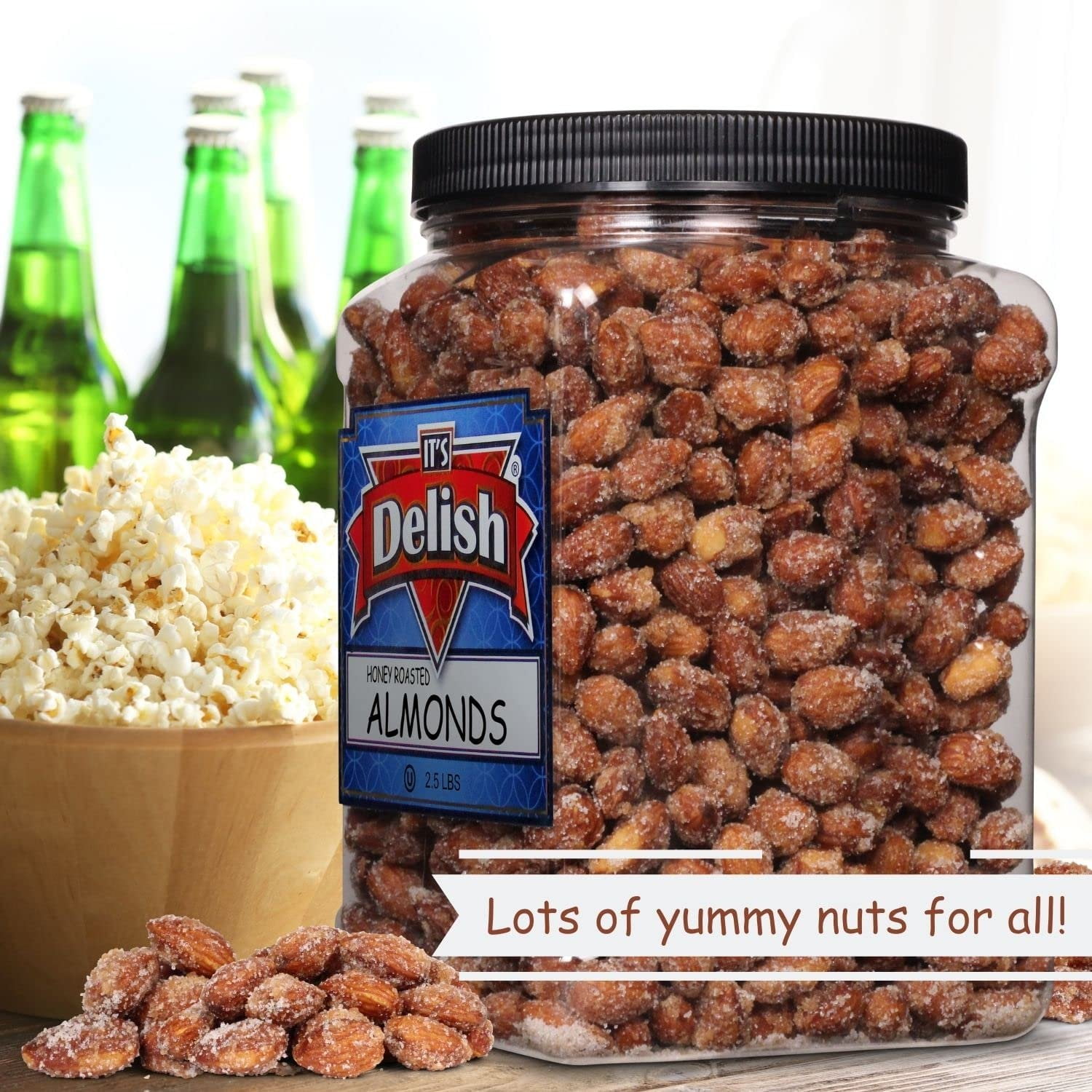 Honey Roasted Almonds by It's Delish, 2.5 LBS Reusable Jumbo Container  Gourmet Almond Nuts in Honey Sugar Coating, Sweet & Heart Healthy Salted Nut, Kids Snack - Non-Dairy, Kosher Parve