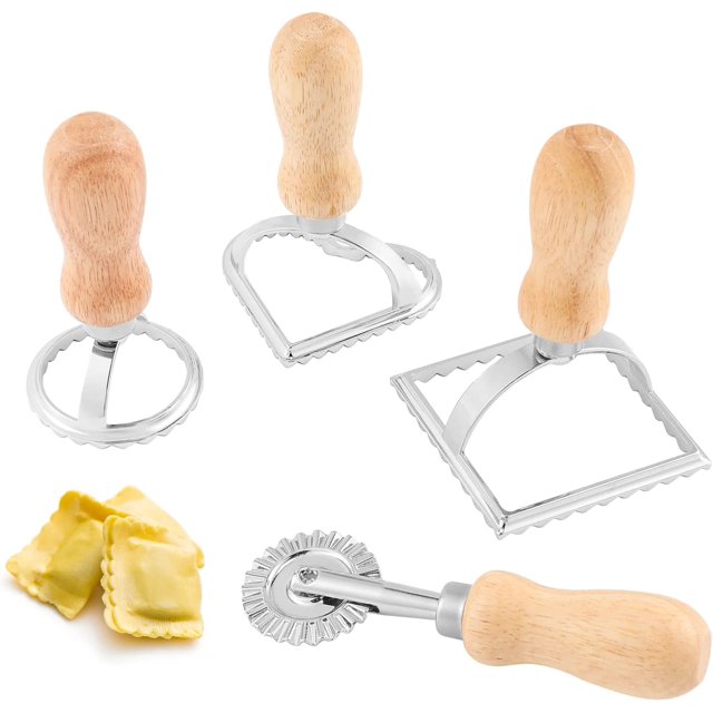 Ravioli Mold Dumpling Maker Ravioli Cutters - Juego de 4 (cortador de rodillo de mango corto, redondo pequeño, en forma de corazón, cuadrado) aleación de zinc y mango de madera brillar Electrónica