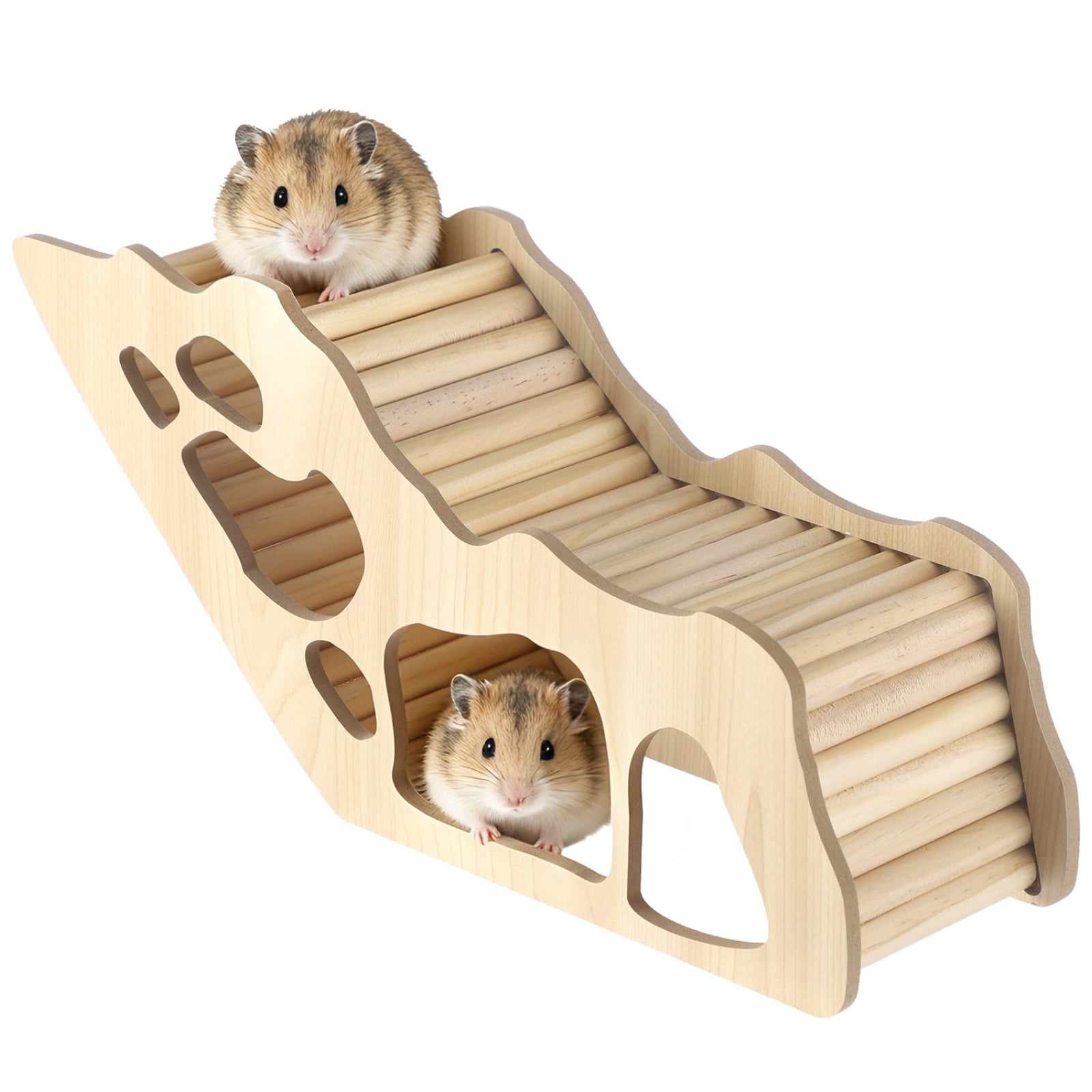 Wooden Hamster House Hideout, Small Animal Climbing Bridge Tunnel, Natural Wood Hut for Dwarf Pets Syrian Gerbil Degu, Multi-Entrance Hiding Spot for Guinea Pig Chinchilla