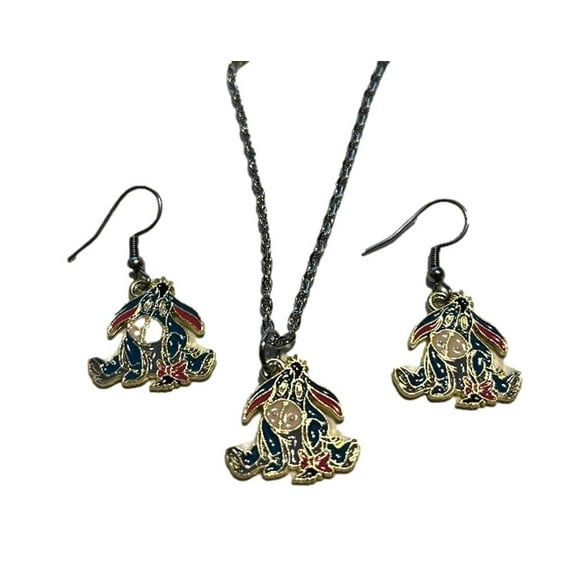 Eeyore Sitting Enamel Metal Necklace and French Wire Earring Set