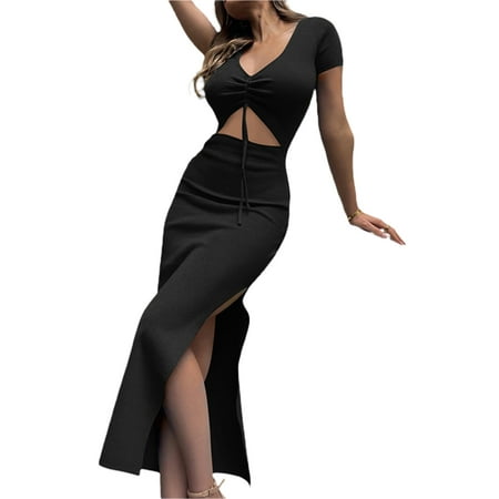 

Huakaishijie Women Long Slipt Dresses Short Sleeve Drawstring Cut Out One-pieces