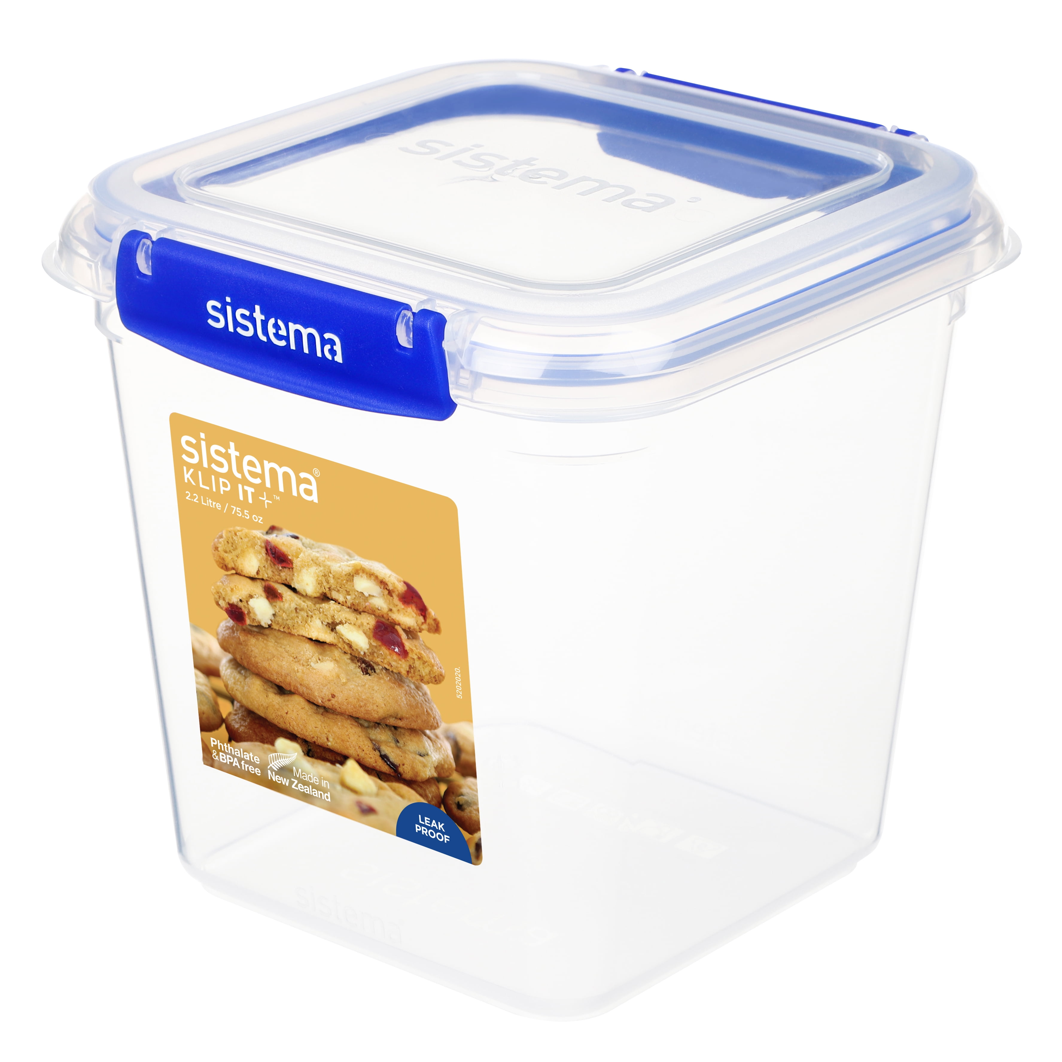 Sistema KLIP IT PLUS Cookie Tub Food Storage Container, 2.2L, Round Airtight Container with Leak-Proof Seal, Easy Locking Clips, BPA-Free, Blue