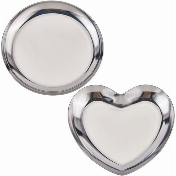 2Pcs Stainless Steel Trinket Tray Jewelry Dish Tray for Women Ring Dish Holder Jewelry Organizer Plate Heart Flat Round Tray Decorative Dish Display for Earring Bracelet Necklaces Key Bowl
