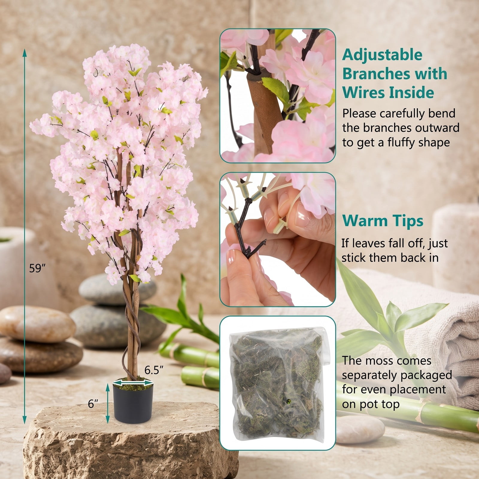 ALPULON 5 FT Artificial Cherry Blossom Tree with Pink Flowers, Faux Silk Blossom Tree with Cement-Filled Pot and Adjustable Wired Branches for Home Office, Pink