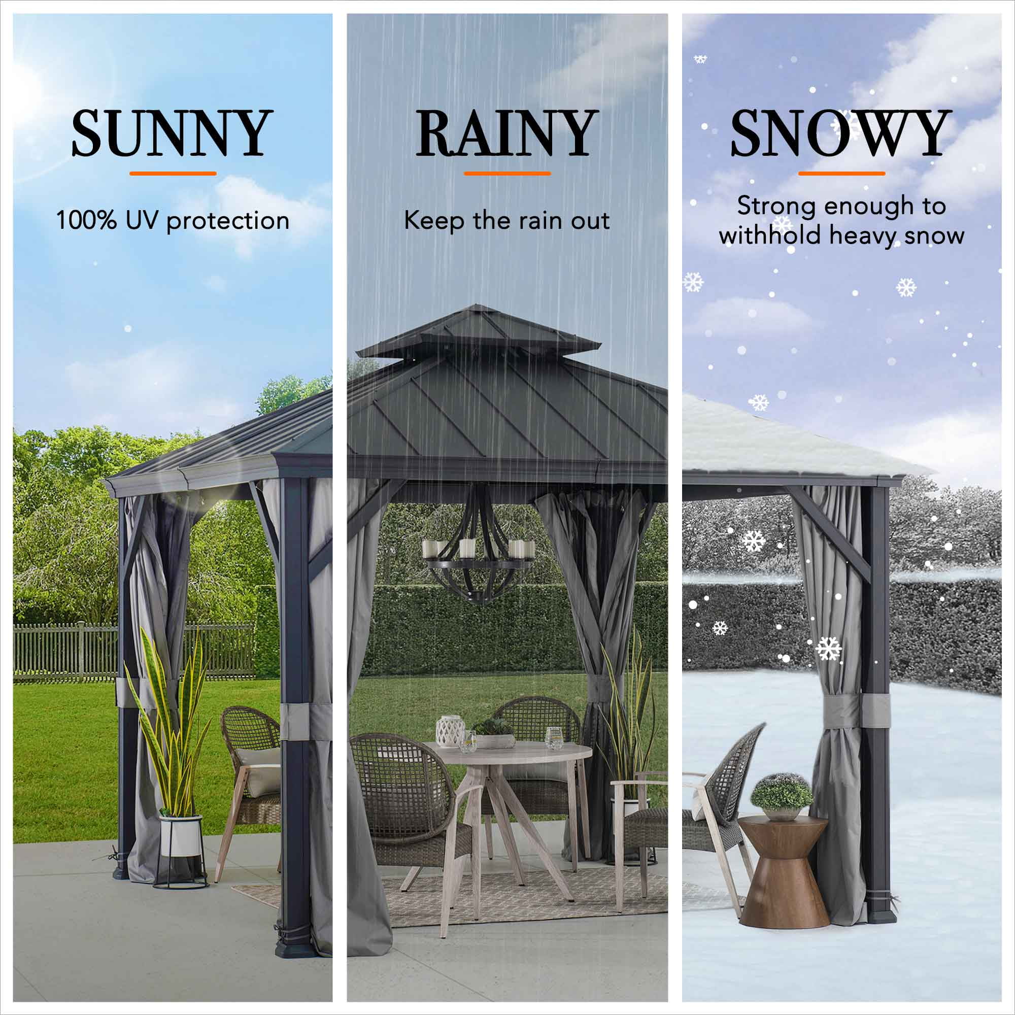 Sunjoy 10 ft. x 10 ft. Hardtop Gazebo, Outdoor Patio Aluminum Frame Gazebo with 2-Tier Steel Hardtop Backyard Gazebo with Netting, Curtain, and Ceiling Hook