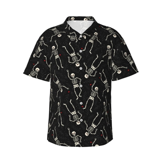 Balery Happy Skeletons Dancing Camisas hawaianas de manga corta para hombre, camisas playeras de corte holgado, camisas de vacaciones con botones,Large