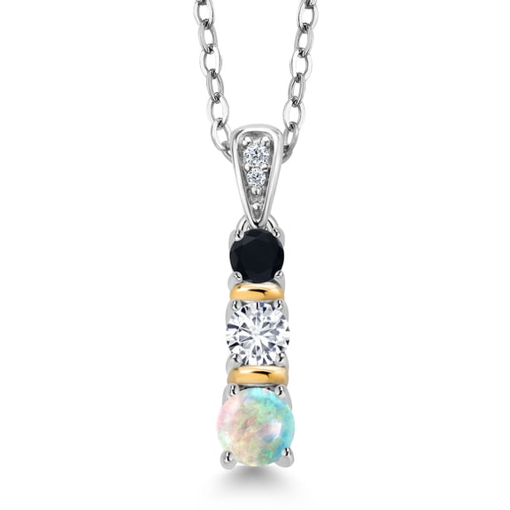 Gem Stone King 925 Silver and 10K Yellow Gold Round White Simulated Opal White Lab Grown Diamond and Black Onyx Pendant Necklace for Women (0.52 Cttw, Gemstone October Birthstone, with 18 inch Chain)