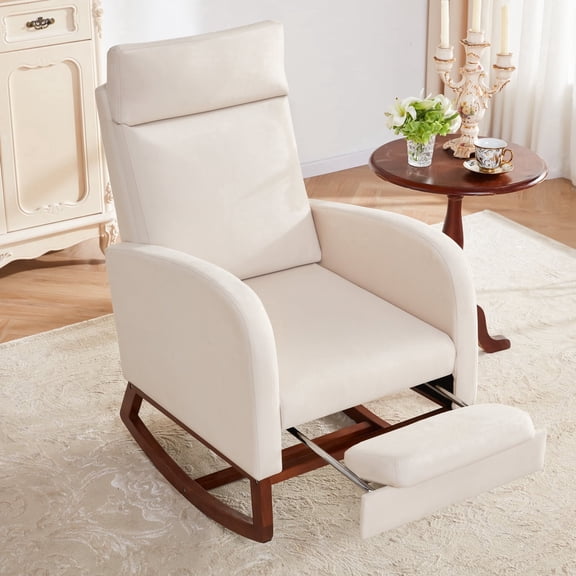 Someet Nursery Rocking Chair with Footrest, Linen Rocker Armchair with High Backrest and Pillow for Bedroom Living Room, Beige