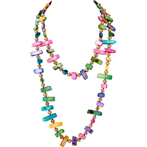 Colorful Flattened Beaded Long Necklace, Coated Reflective Glass Beads, Bohemian Vintage Chunky Costume Jewelry for Women