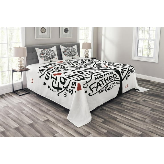 Tree Bedspread Set Queen Size, Family Tree Themed Composition with Doodle Style Drawing Parents Friends, Quilted 3 Piece Decor Coverlet Set with 2 Pillow Shams, Vermilion Black White, by Ambesonne