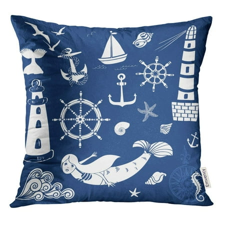 Mermaid And Ship STOAG Seaside Graphic Including Lighthouses Mermaid Anchors Seashells and Ship Steering Throw Pillowcase Cushion Case Cover 16x16 inch ()