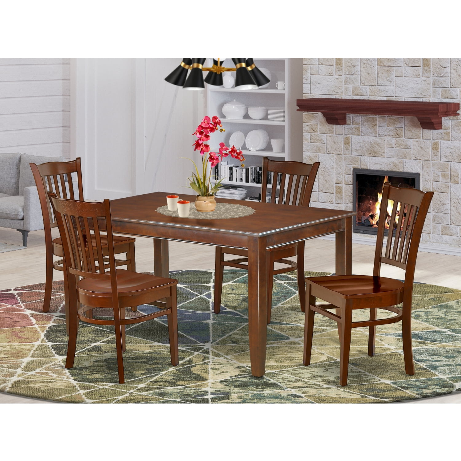East West Furniture Dugr5 Mah W 5pc Rectangular 60 Inch Dinner Table And Four Wood Seat Chairs Walmartcom Walmartcom