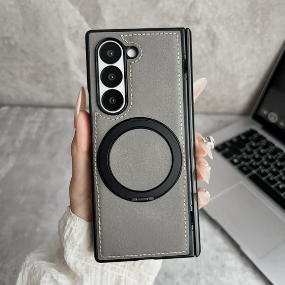 Dteck for Samsung Galaxy Z Fold 7 5G Case, Luxurious PU Leather Magnetic with Invisible Ring Stand, Business Anti-Fall Bracket Protective Cover, Gray