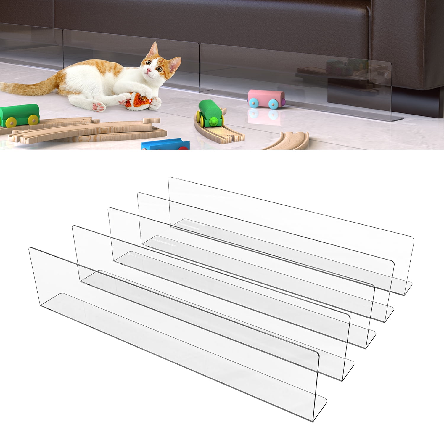  5 Pack Under Bed Blocker for Pets, Gap Bumper Under Couch  Blocker Stop Dogs and Cats Safety PVC Adjustable Clear Toy Blocker for Bed  Sofa Barrier Blocking with Strong Adhesive 