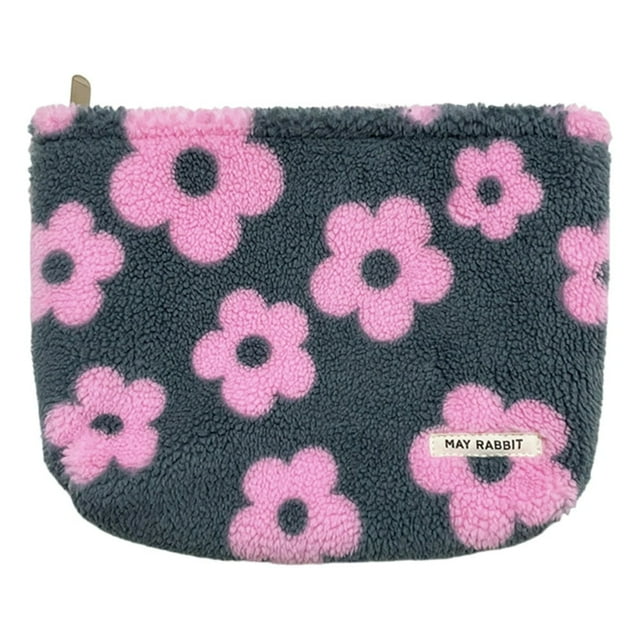 Plush Trendy Cosmetic Pouch with Zipper Cute Floral (Orange)