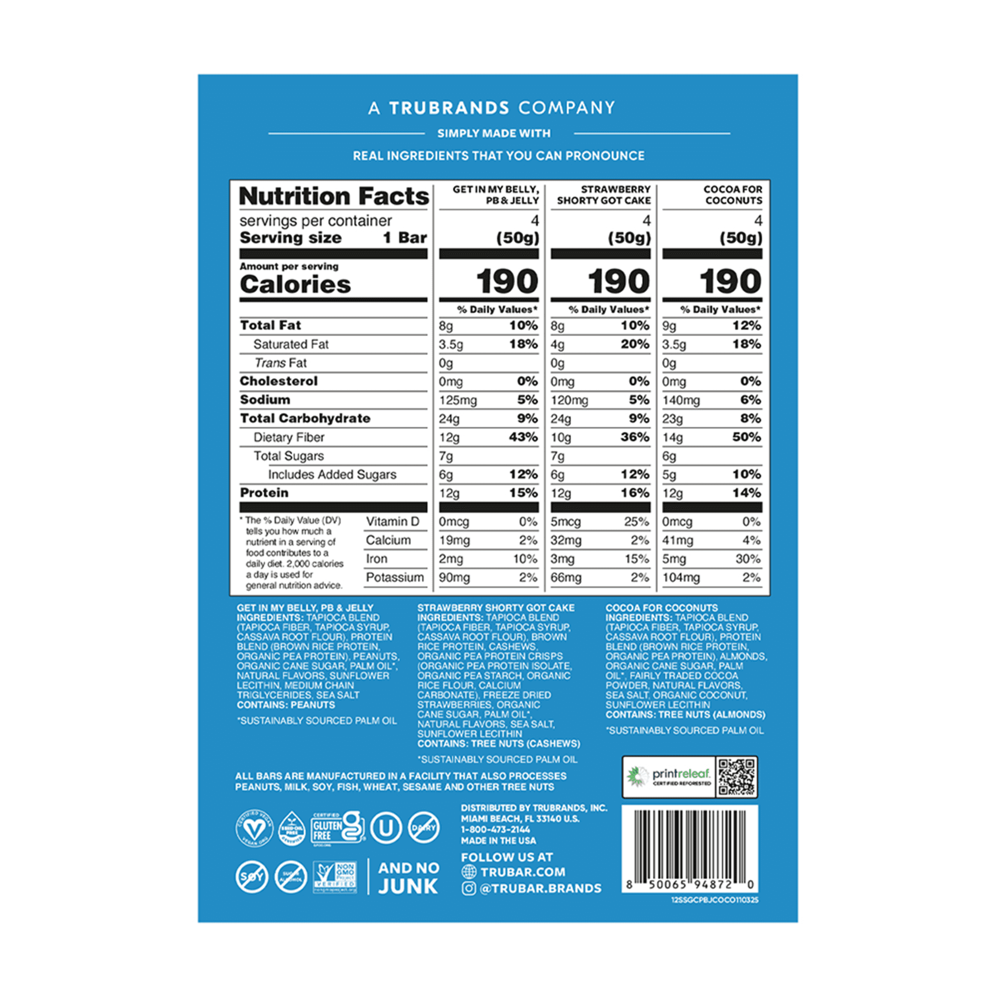 TRUBAR Protein Bar, Feelin’ Fruity Variety Pack, Plant Based Protein, Vegan, Gluten Free, Kosher, 12 Count