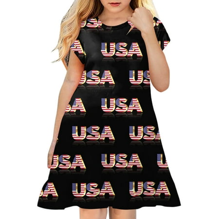 

GWAABD Girls Matching Dresses Hot Pink Polyester Spandex toddler Kids Girl Fourth of July Independent Day Star Stripes Prints Short Sleeves Party Princess Dress 130