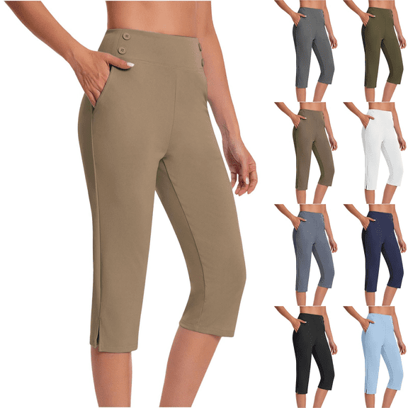 Womens High Waisted Yoga Pants with Pockets, Tummy Control Workout Capri Leggings for Athletic & Casual Wear, Navy Blue,Size 2XL