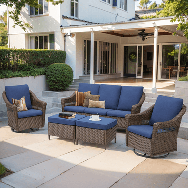 5 Pieces Patio Furniture Set, Outdoor Wicker Couch and Swivel Rocking Chairs, with Cushions and 2 Ottomans