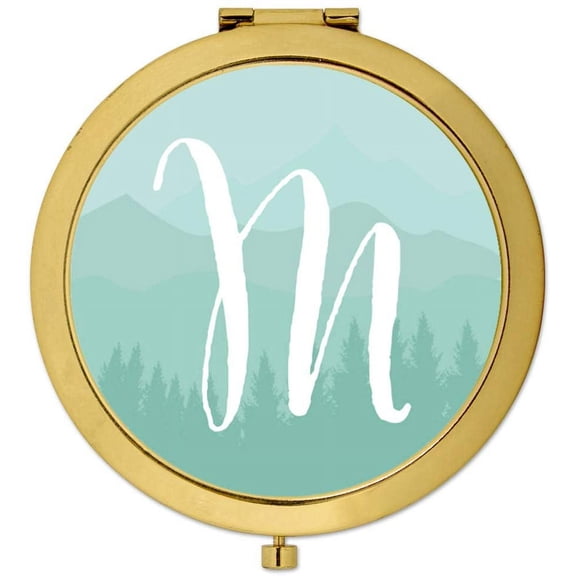 Koyal Wholesale Gold Compact Mirror Bridesmaid's Wedding Gift, Aqua Watercolor Rustic Trees, Monogram Letter M, 1-Pack