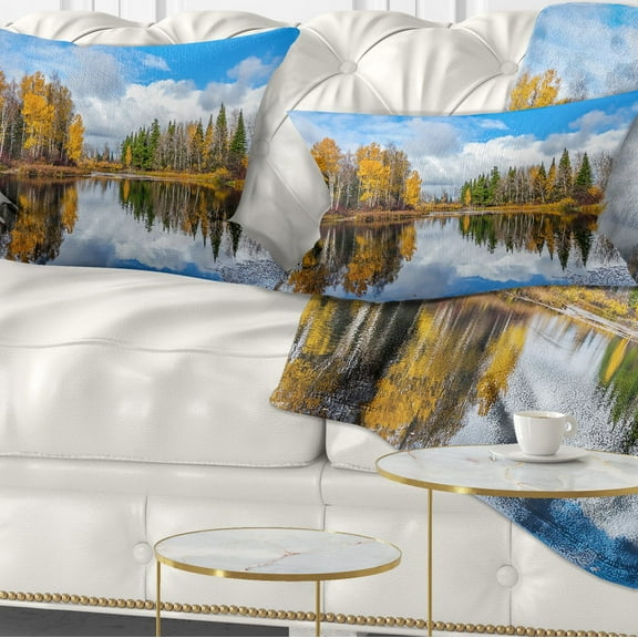 Designart Nice Autumn Trees With Forest Lake - Landscape Printed Throw Pillow - 12x20