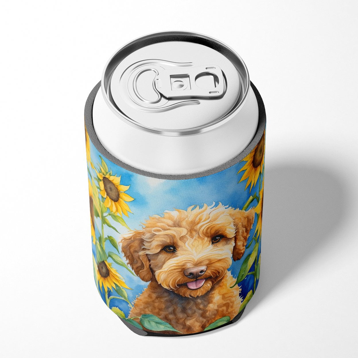 Labradoodle in Sunflowers Can or Bottle Hugger 3 in x 5 in