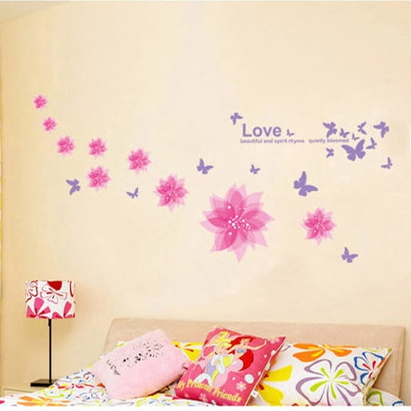 Pink Dream Flower Fairy Butterfly Wall Stickers Wall Decal for Living Room TV Background Wall Art Decors Decoration Window Thanksgiving Christmas