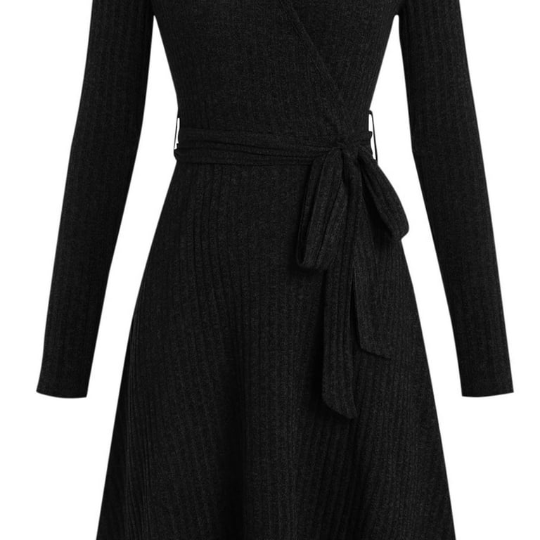 Jinhomg Womens Belted Midi Dresses Ribbed Knit Wrap V Neck A Line Dress  Dressy Casual Party Cocktail Dresses Black S - Walmart.com