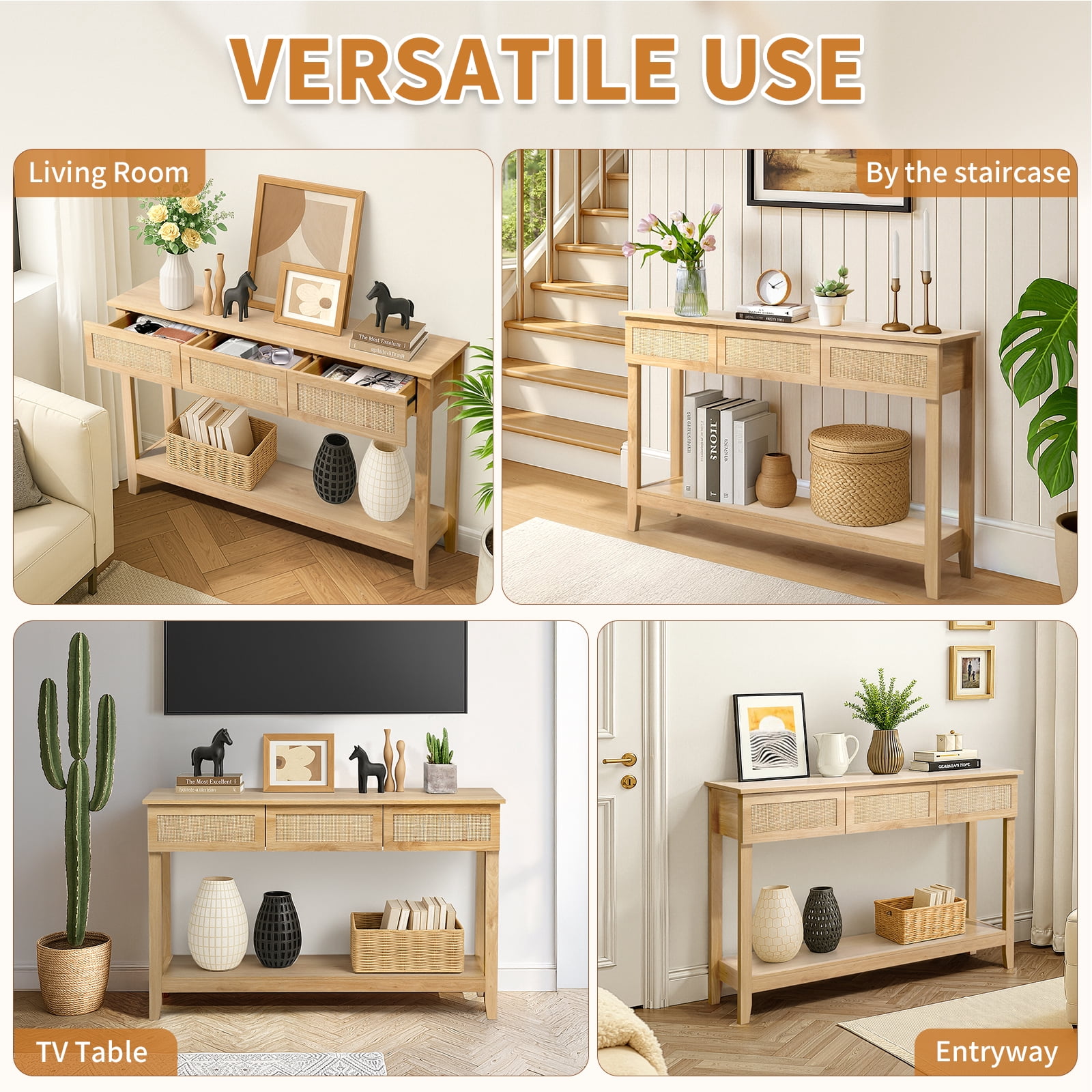 Rattan Console Table, Boho Entryway Sofa Table with 3 Drawers & Storage Shelf, Natural Wood