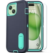 ULAK Case for iPhone 15 With Screen Protector Built In Kickstand, Heavy Duty Military Shockproof Phone Case for Apple iPhone 15 6.1" 2023, Blue