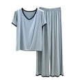 thumbnail image 2 of Nooxsoe Womens Linen Matching Pajama Sets Daily Sleepwear Round Crew Neck Short Cap Sleeve Front Floral Embroidery Elastic Waist Wide Leg Capri Pants Beach Airport Travel Lounge Outfits Blue 2XL, 2 of 4