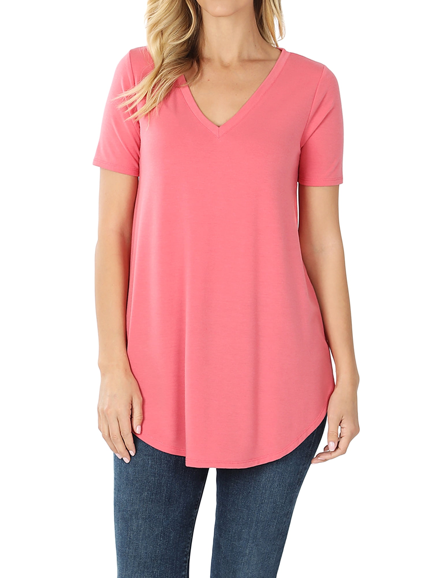 Women Short Sleeve V Neck Round Hem Relaxed Fit Casual Tee Shirt Top