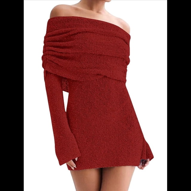 Vestido Elegante Tipo Suéter de con Hombros Descubiertos para Mujer, Ajustado, de Larga y Crochet Rojo S