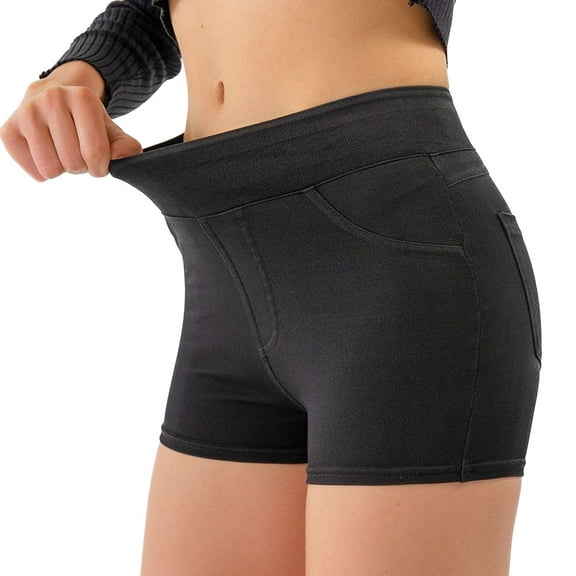 SWSMCLT Women's Jean Shorts Gym Denim Shorts Mid Rise Stretchy Yoga Pants Running Summer Soft Cotton Spandex Thin Black Small