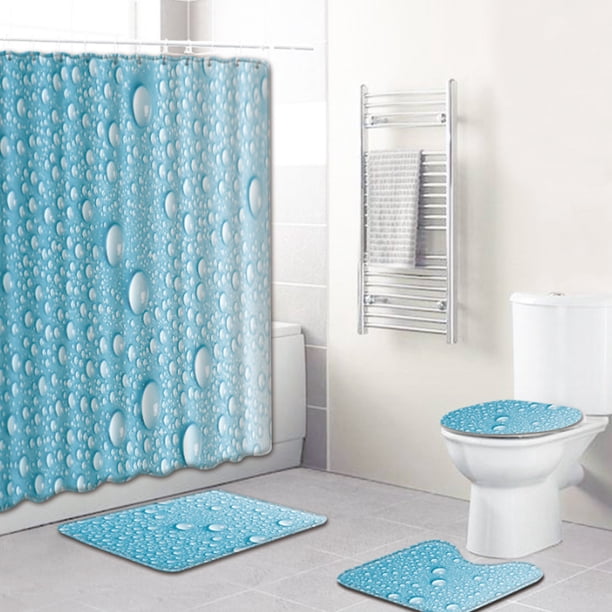 Juego de cortinas de ducha de 4 piezas, con 12 ganchos, gota de agua artística con alfombras antideslizantes, tapa de inodoro y alfombrilla de baño, duradera e impermeable, para decoración de baño,