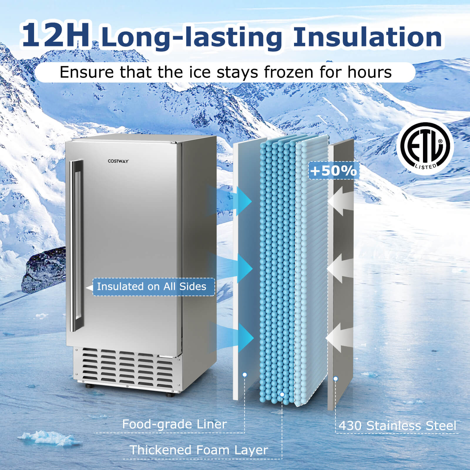 Costway Under Counter Nugget Ice Maker with Self-Cleaning 80 lbs/Day 24H Timer LCD Control