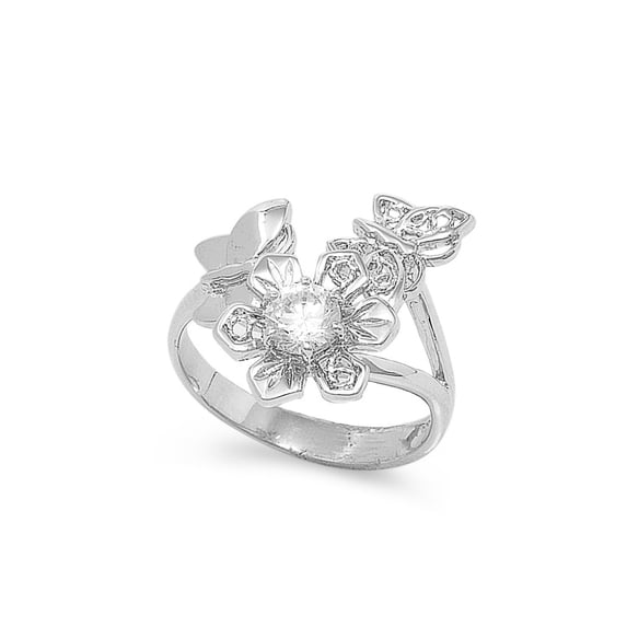 Flower Butterfly Cubic Zirconia Ring Sterling Silver 925
